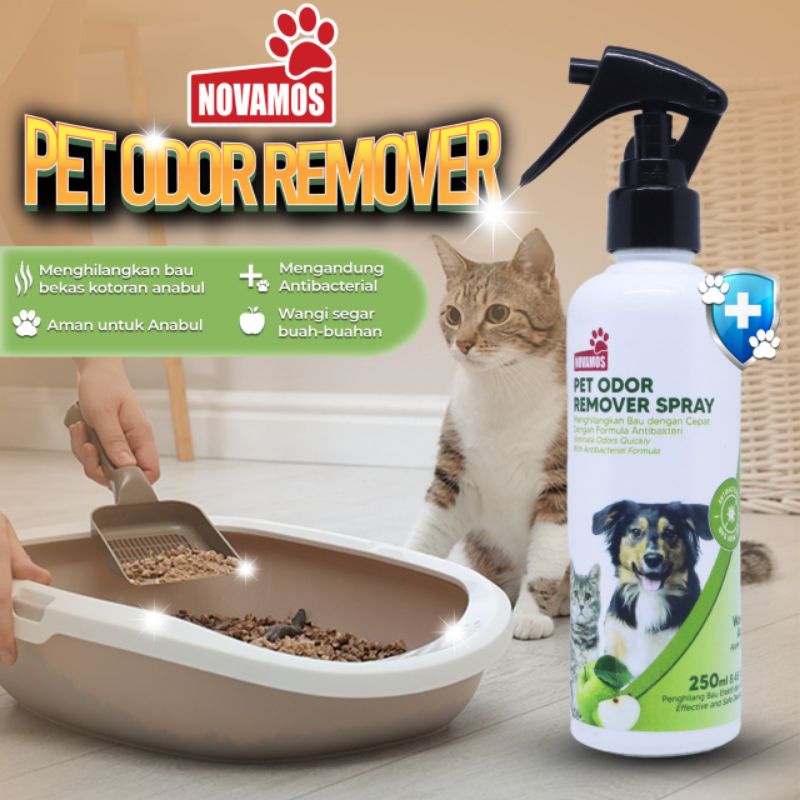 Buang Bau Kotoran Hewan Peliharaan dengan NOVAMOS Penghilang Bau Kotoran Kucing & Anjing – Wangi Apel Segar 250 ML